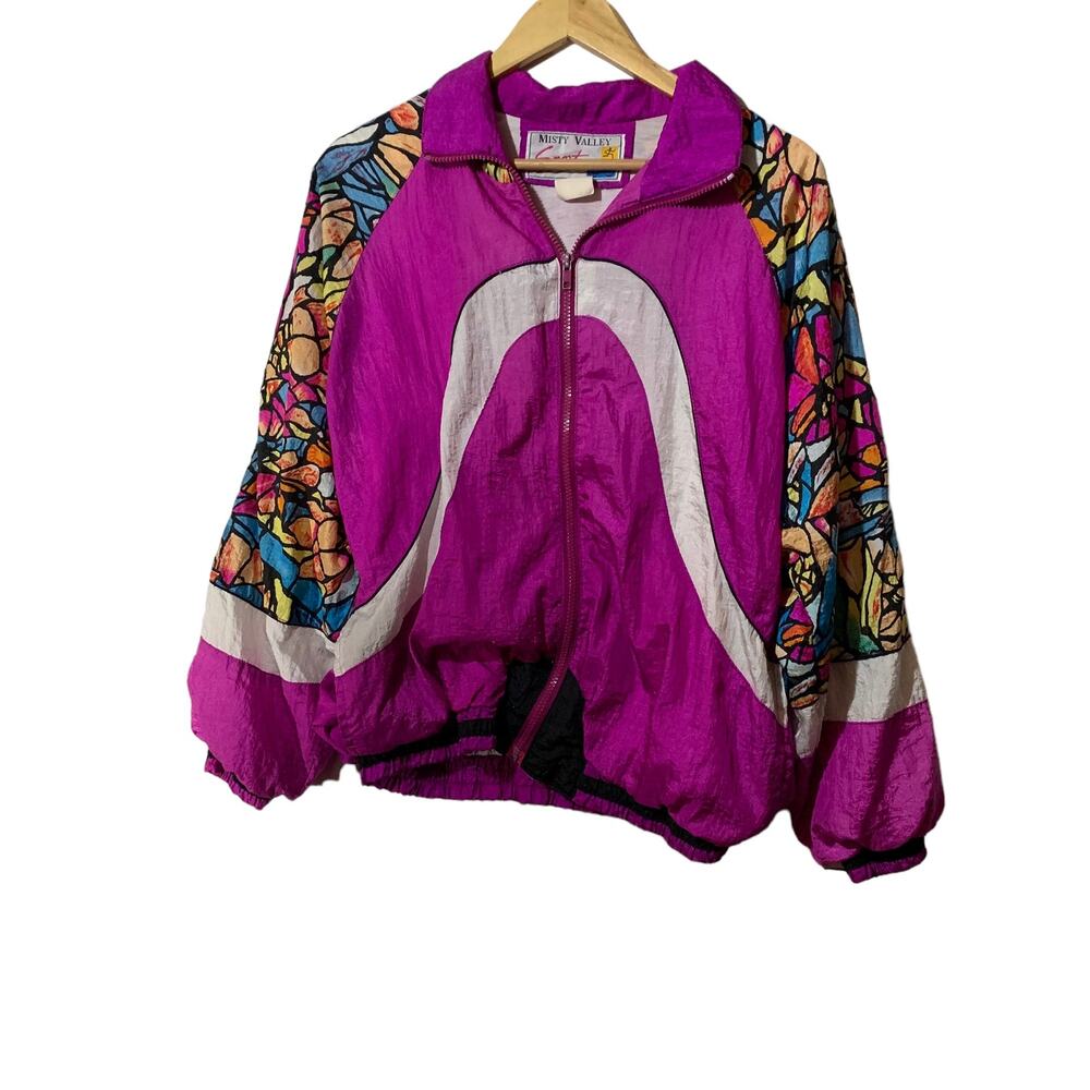 Vtg Zip Nylon Jacket Sz M 80s 90s Stained Glass Sleeves